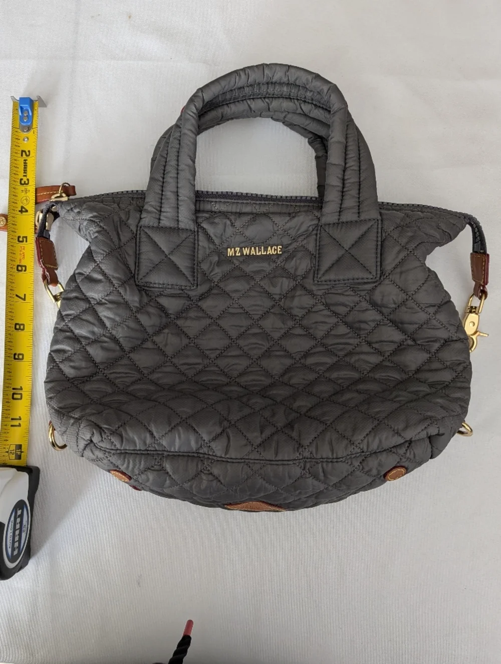 MZ Wallace Quilted Crossbody Satchel in Gray with Gold Hardware - Picture 9 of 10